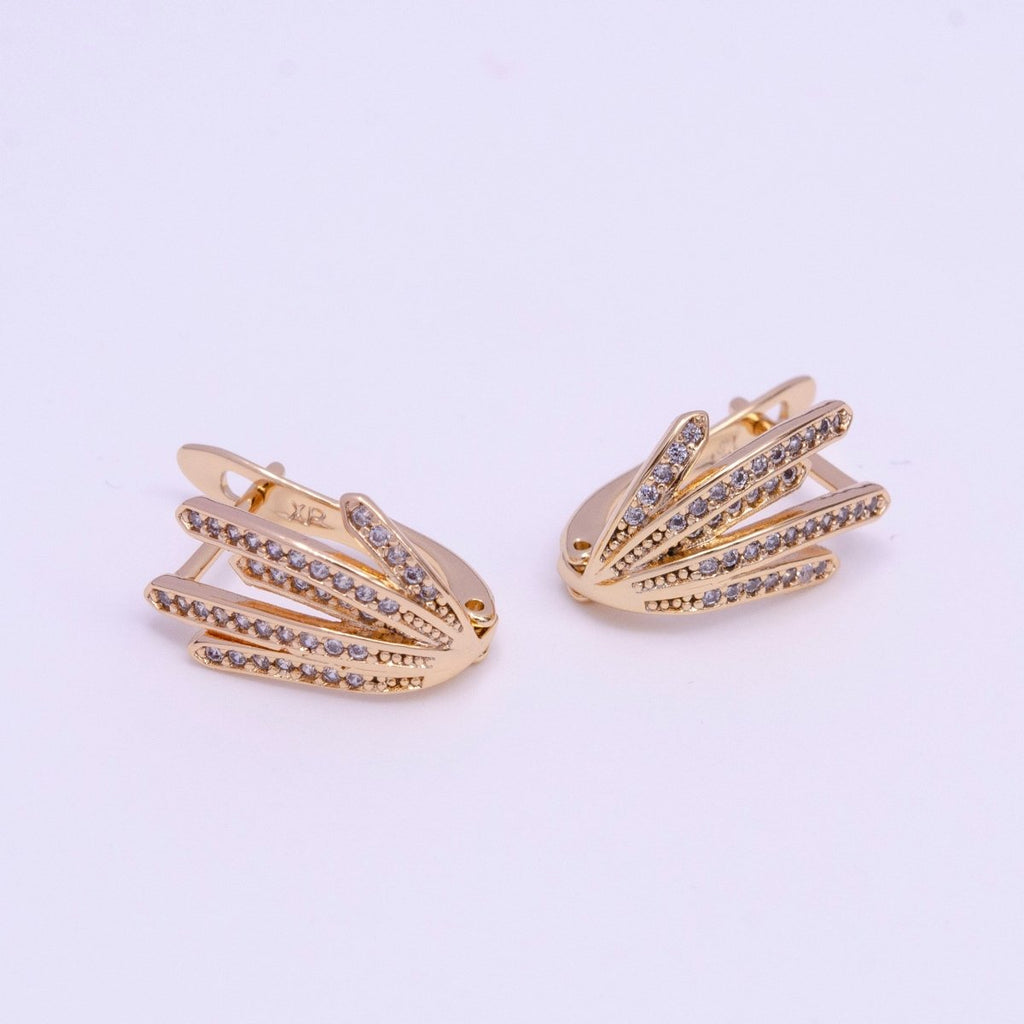 18K Gold plated 14mm Long Palm Leaf Micro Paved CZ English Lock Earrings | Y-850 - DLUXCA