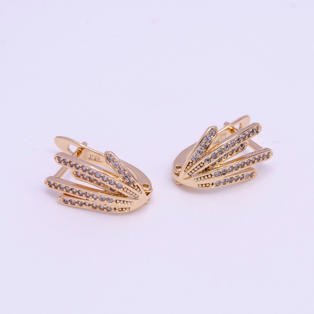 18K Gold plated 14mm Long Palm Leaf Micro Paved CZ English Lock Earrings | Y-850 - DLUXCA