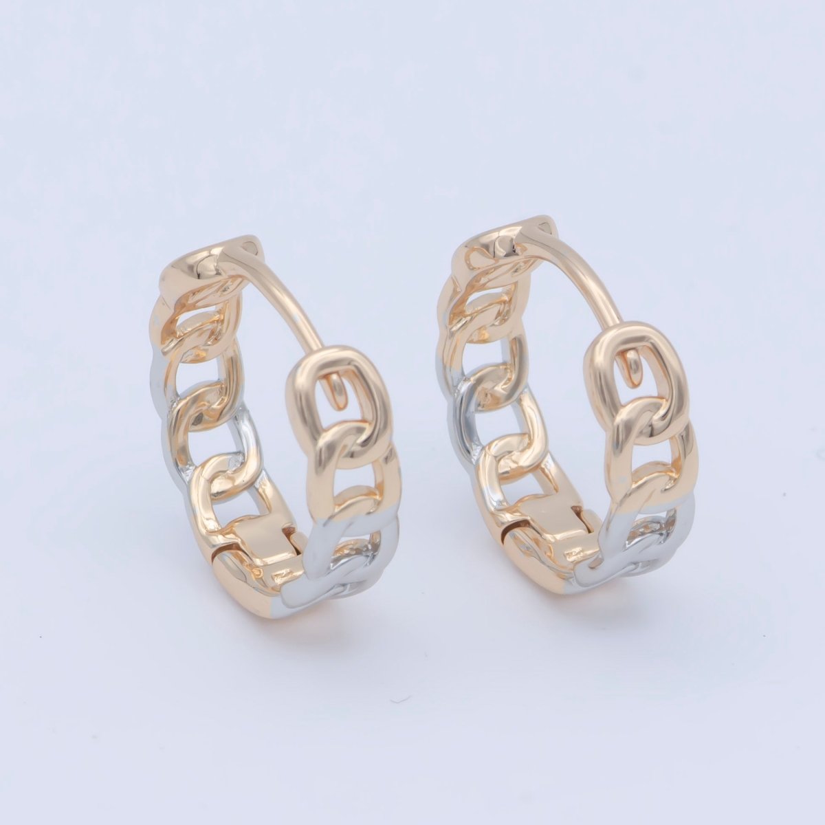 18K Gold plated 15mm Curb Chain Link Mixed Metal Huggie Earrings | AB1205 - DLUXCA