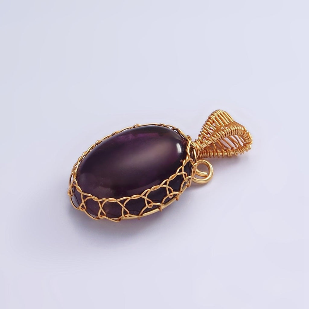 18K Gold plated 31mm Rose Quartz, Carnelian, Amethyst, Onyx Cabochon Handmade Wire Wrapped Pendant | AA-621 - AA-624
