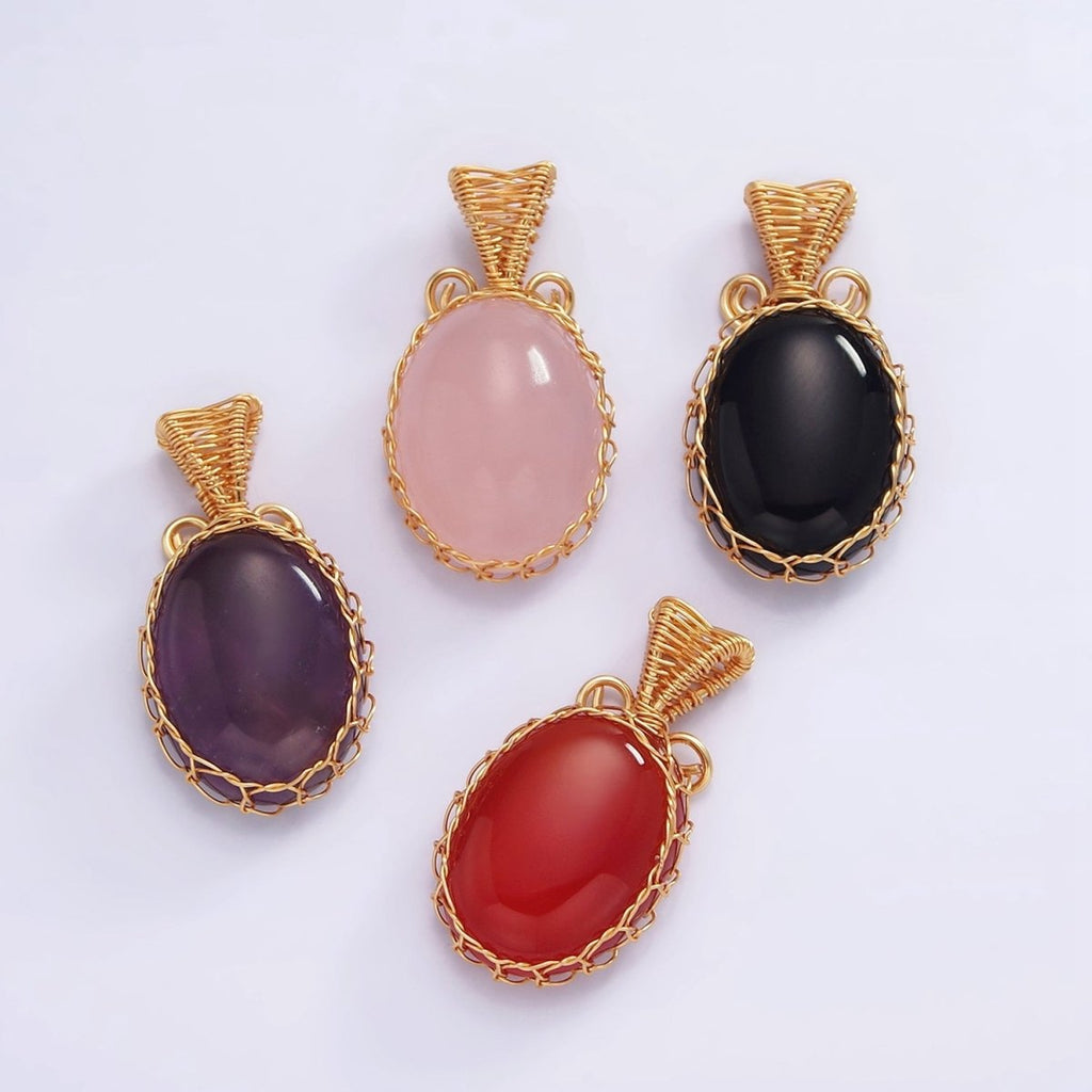 18K Gold plated 31mm Rose Quartz, Carnelian, Amethyst, Onyx Cabochon Handmade Wire Wrapped Pendant | AA-621 - AA-624