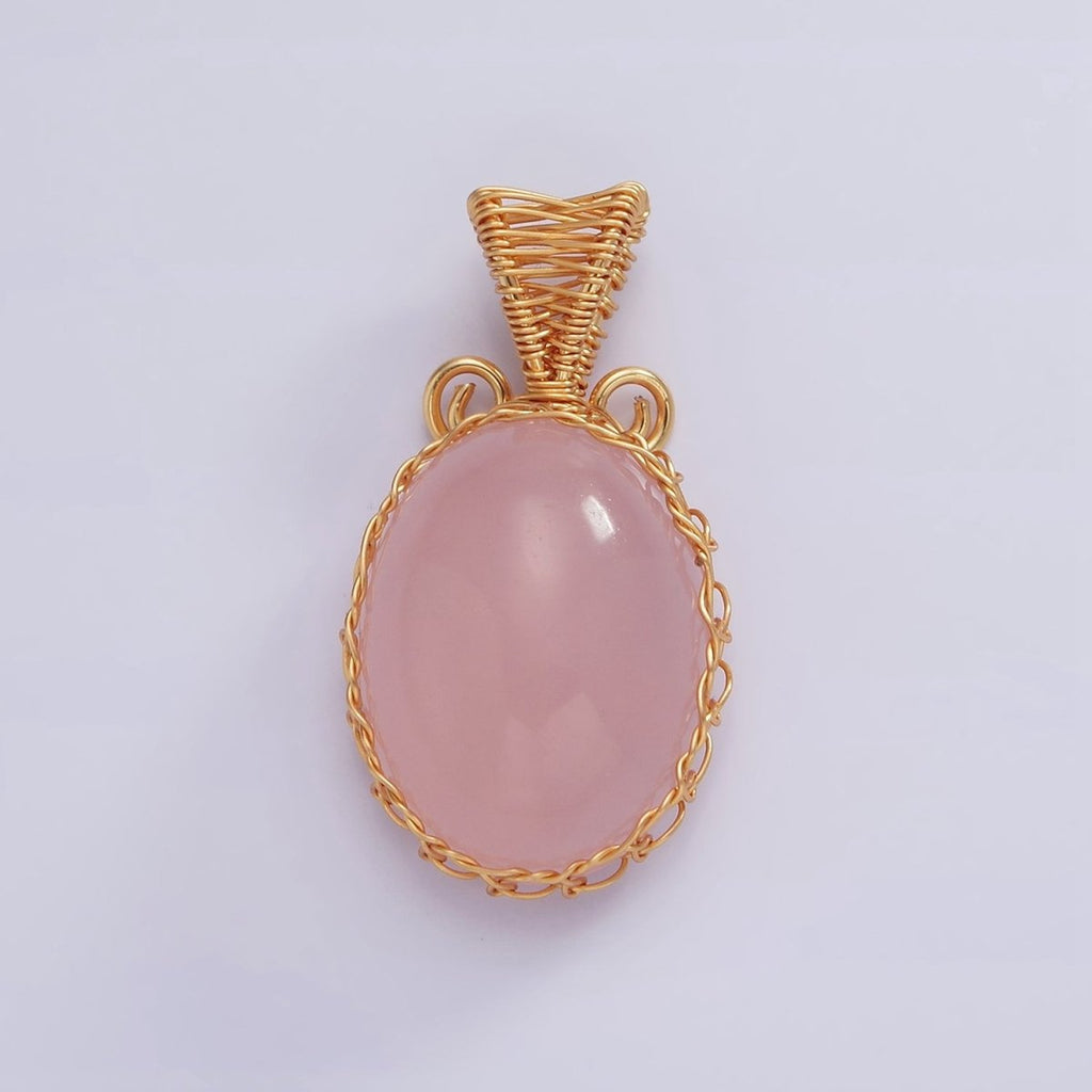 18K Gold plated 31mm Rose Quartz, Carnelian, Amethyst, Onyx Cabochon Handmade Wire Wrapped Pendant | AA-621 - AA-624