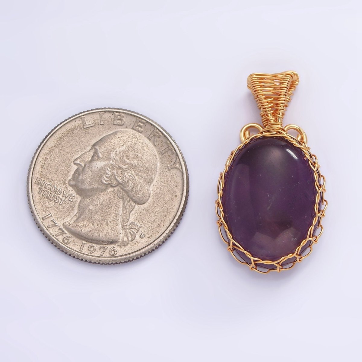 18K Gold plated 31mm Rose Quartz, Carnelian, Amethyst, Onyx Cabochon Handmade Wire Wrapped Pendant | AA-621 - AA-624