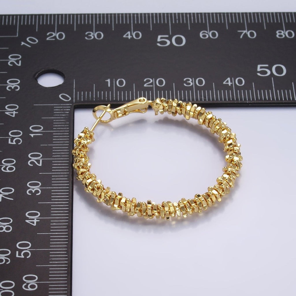 18K Gold plated 40mm Geomatic Edged Bead Hinge Hoop Earrings | V263