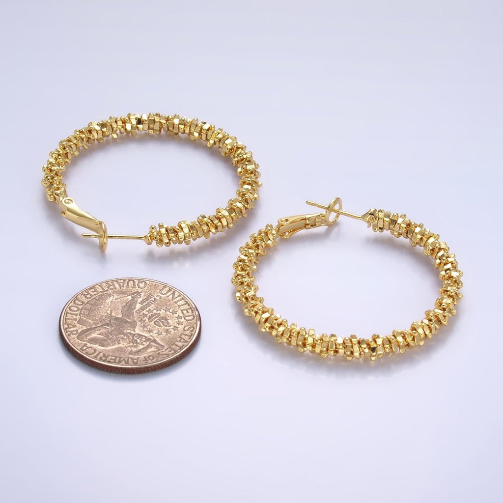 18K Gold plated 40mm Geomatic Edged Bead Hinge Hoop Earrings | V263