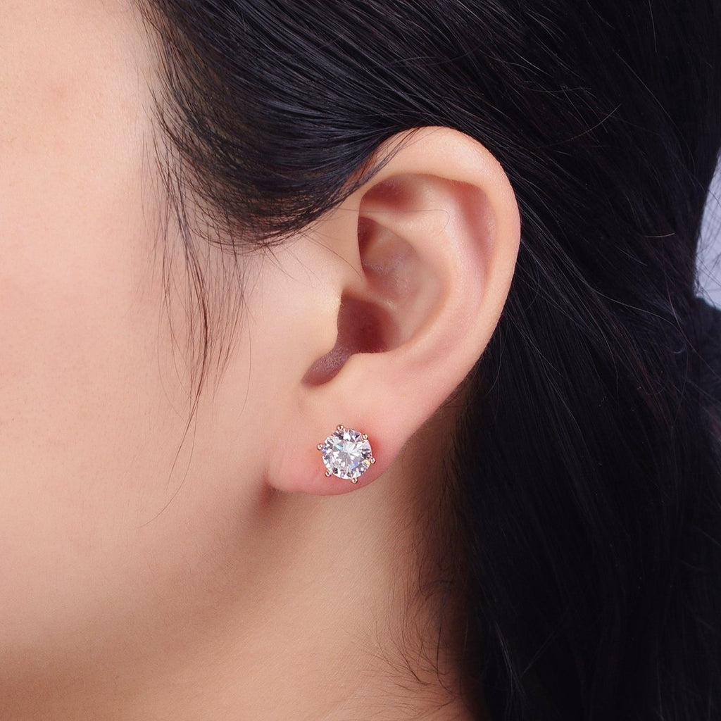 18K Gold plated 8mm 8.3mm, 8.5mm Clear Round CZ Stud Earrings | AB093 AB094