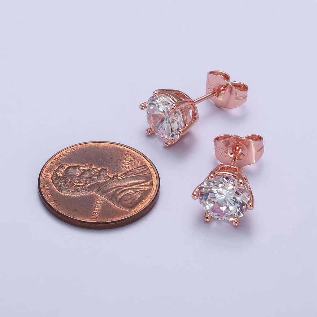 18K Gold plated 8mm 8.3mm, 8.5mm Clear Round CZ Stud Earrings | AB093 AB094