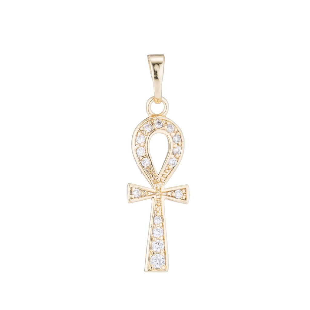 18K Gold plated Ankh Cross, Key of Life, Symbol of Life, Egyptian Pantheon, Crux Ansata, Cubic Zirconia Necklace Pendant Charm Bead Bails for Jewelry Making H-681 - DLUXCA