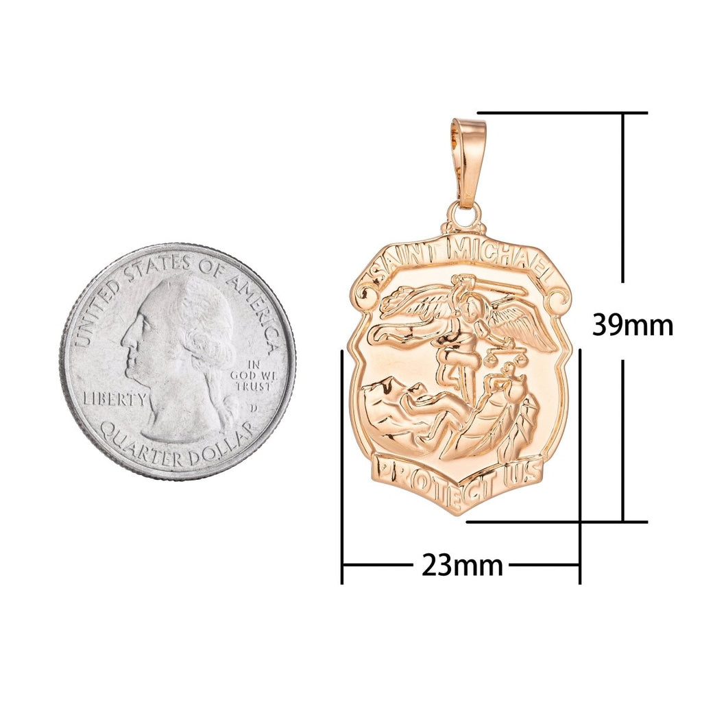 18k Gold plated Archangel Saint Michael Medal Pendant for Protection Protect us with Prayer in the back for Necklace Jewelry Making H-260 - DLUXCA