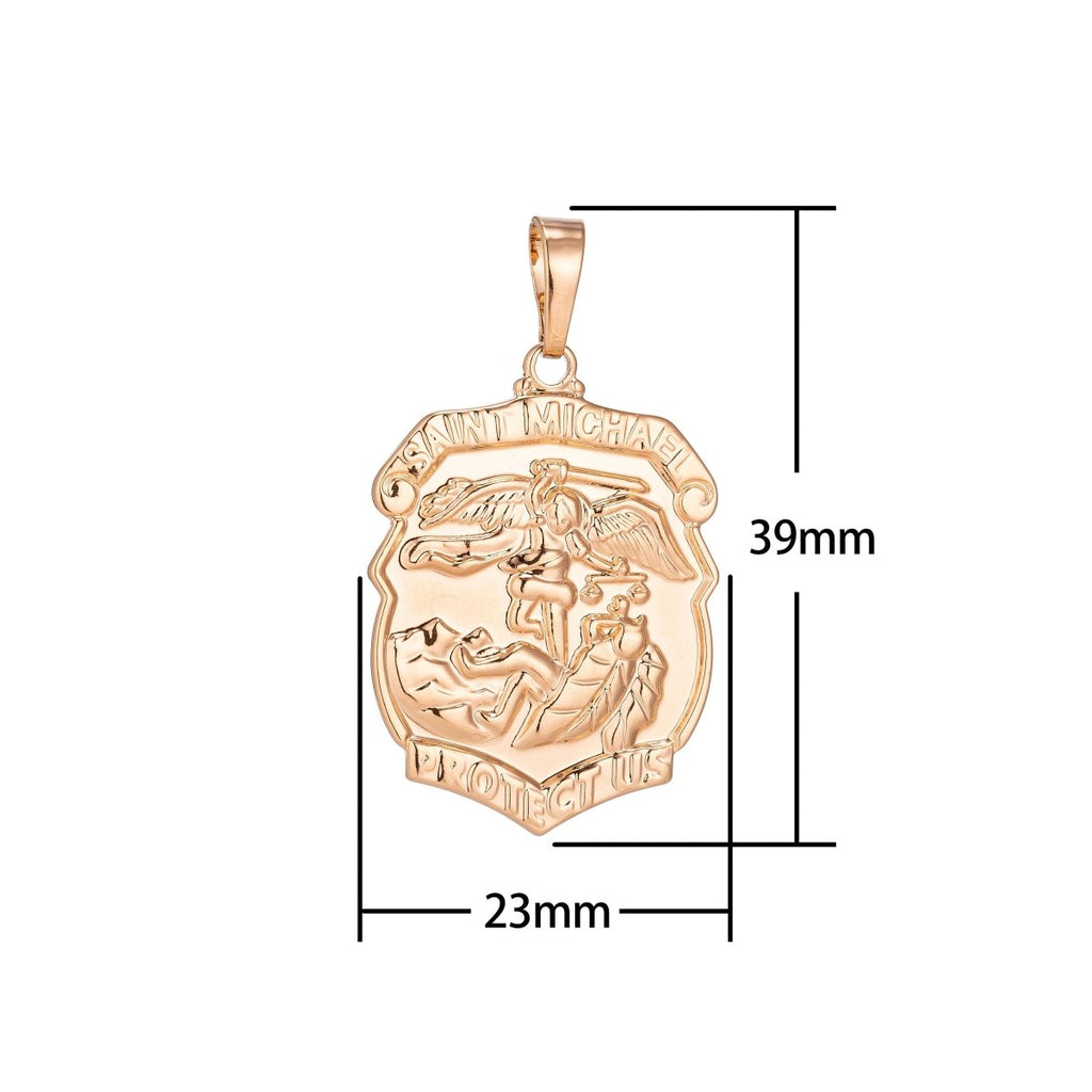 18k Gold plated Archangel Saint Michael Medal Pendant for Protection Protect us with Prayer in the back for Necklace Jewelry Making H-260 - DLUXCA