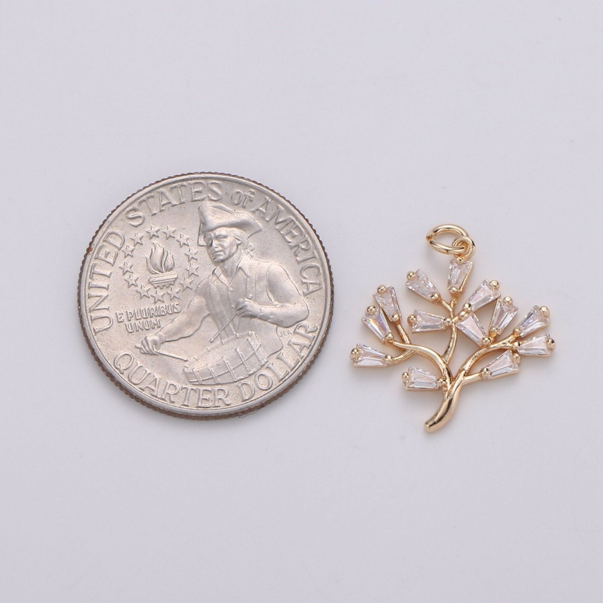 18K gold plated Baguette CZ The Solitary Tree Charms, Lonely Tree Clear Cubic Pendant, Baguette Cubic Zirconia Charm D-735 - DLUXCA