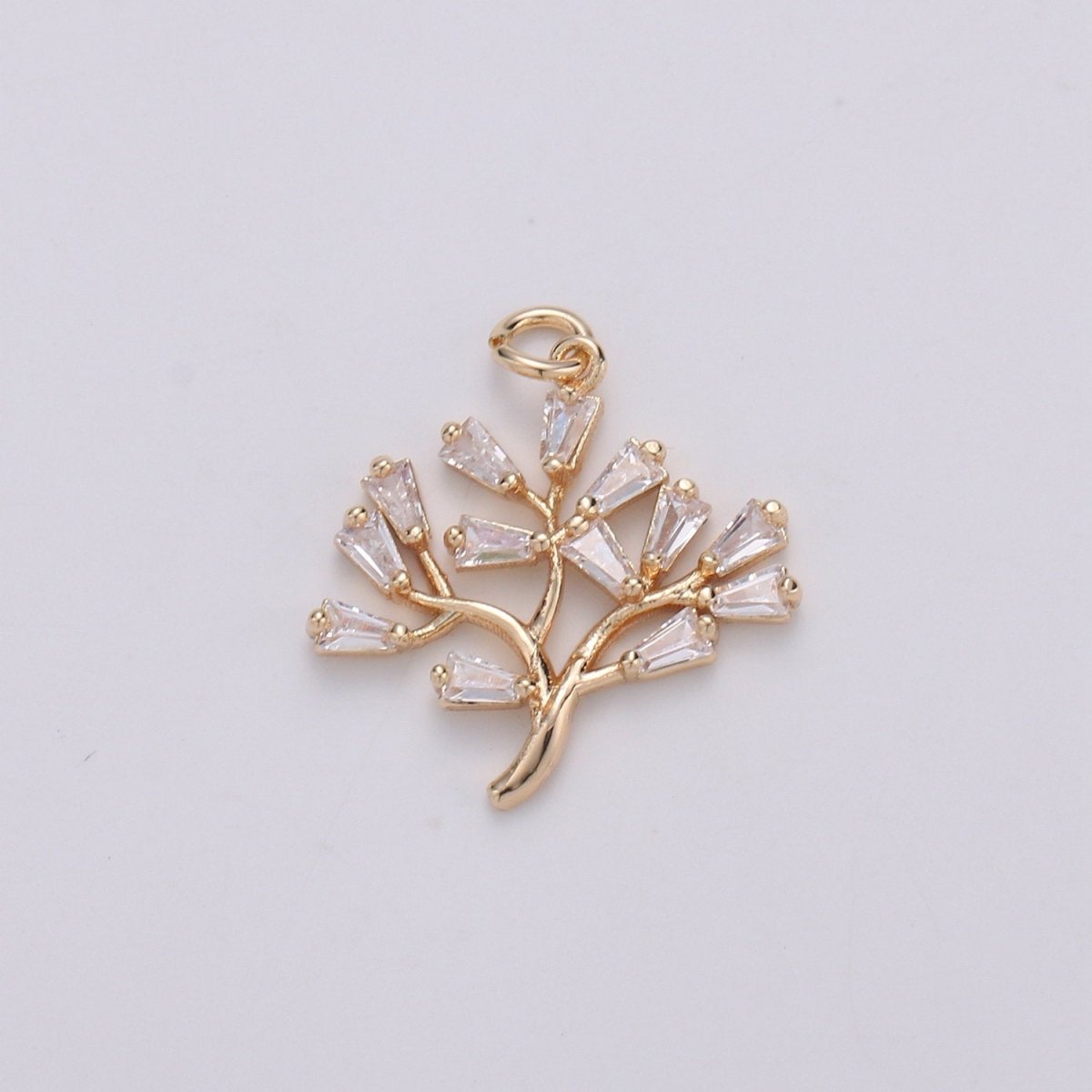 18K gold plated Baguette CZ The Solitary Tree Charms, Lonely Tree Clear Cubic Pendant, Baguette Cubic Zirconia Charm D-735 - DLUXCA