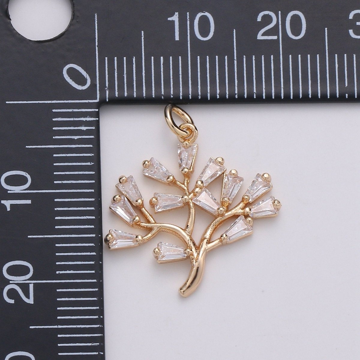 18K gold plated Baguette CZ The Solitary Tree Charms, Lonely Tree Clear Cubic Pendant, Baguette Cubic Zirconia Charm D-735 - DLUXCA