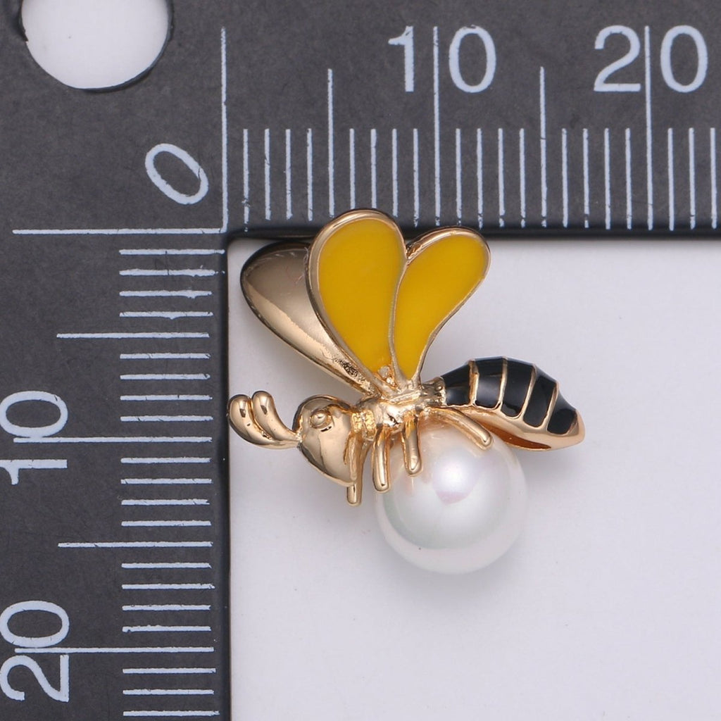18k Gold plated Bee Pendant Gold Bumble Bee Charm, Honey Bee Charm with Pearl for Necklace Supplies Component E-133 - DLUXCA