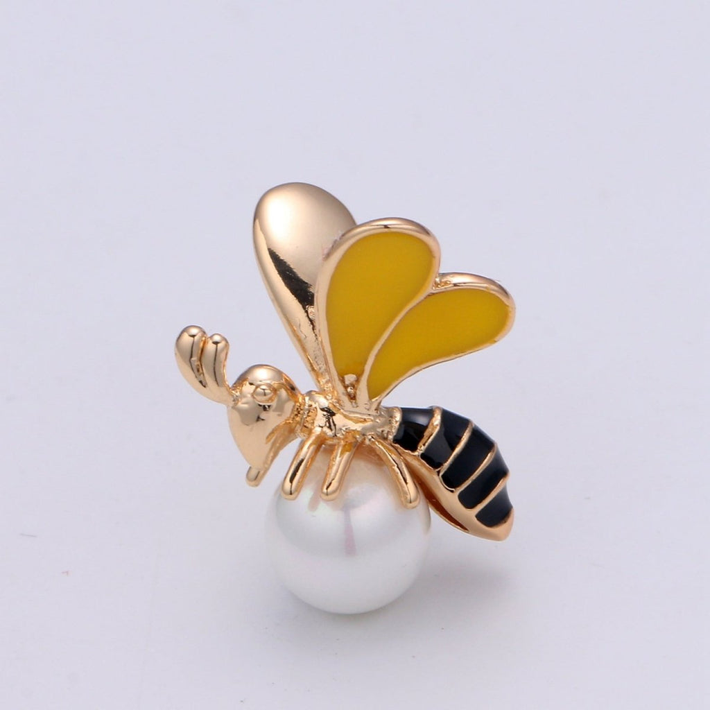 18k Gold plated Bee Pendant Gold Bumble Bee Charm, Honey Bee Charm with Pearl for Necklace Supplies Component E-133 - DLUXCA