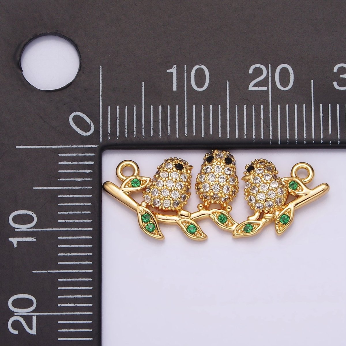 18K Gold plated Black-Eyed Three Baby Birds Micro Paved CZ Green Leaf Connector | G-030 - DLUXCA