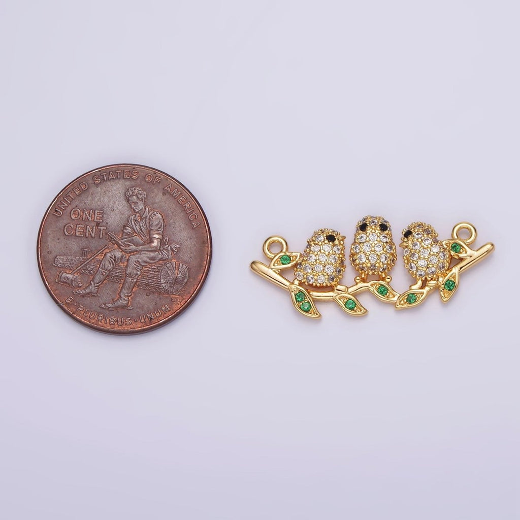 18K Gold plated Black-Eyed Three Baby Birds Micro Paved CZ Green Leaf Connector | G-030 - DLUXCA
