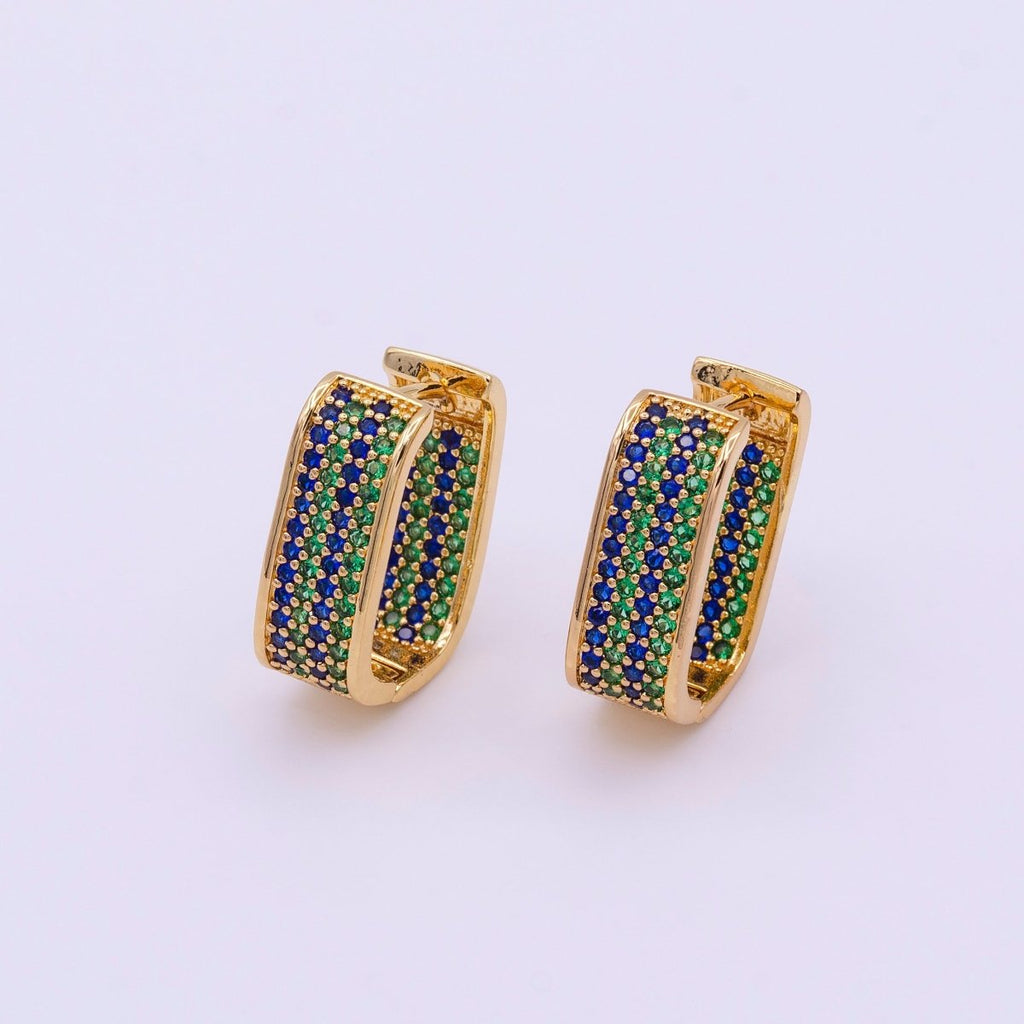 18K Gold plated Blue & Green Ocean Micro Paved CZ Front-Facing Oblong Hoop Earrings in Gold & Silver | AD851 AD852