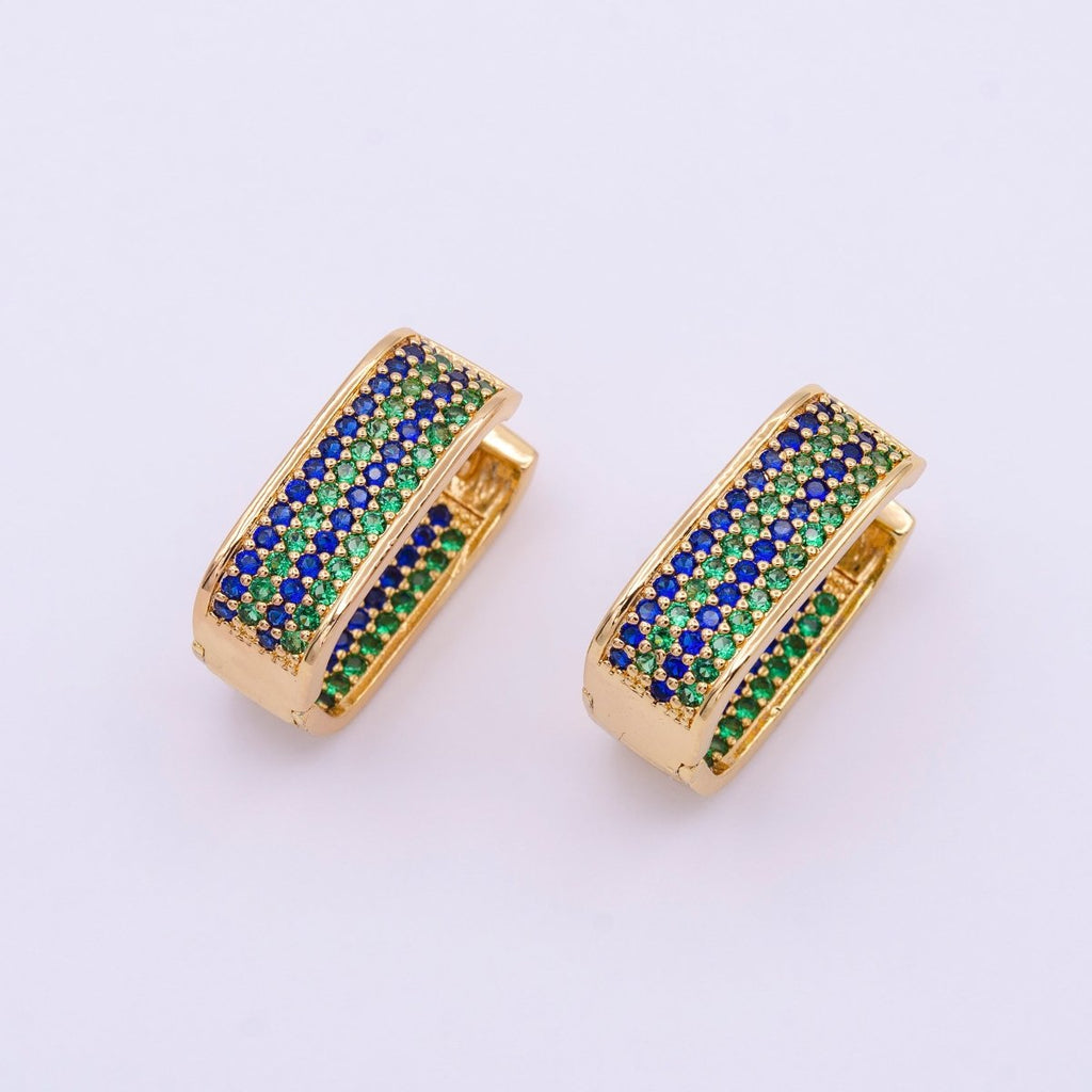 18K Gold plated Blue & Green Ocean Micro Paved CZ Front-Facing Oblong Hoop Earrings in Gold & Silver | AD851 AD852