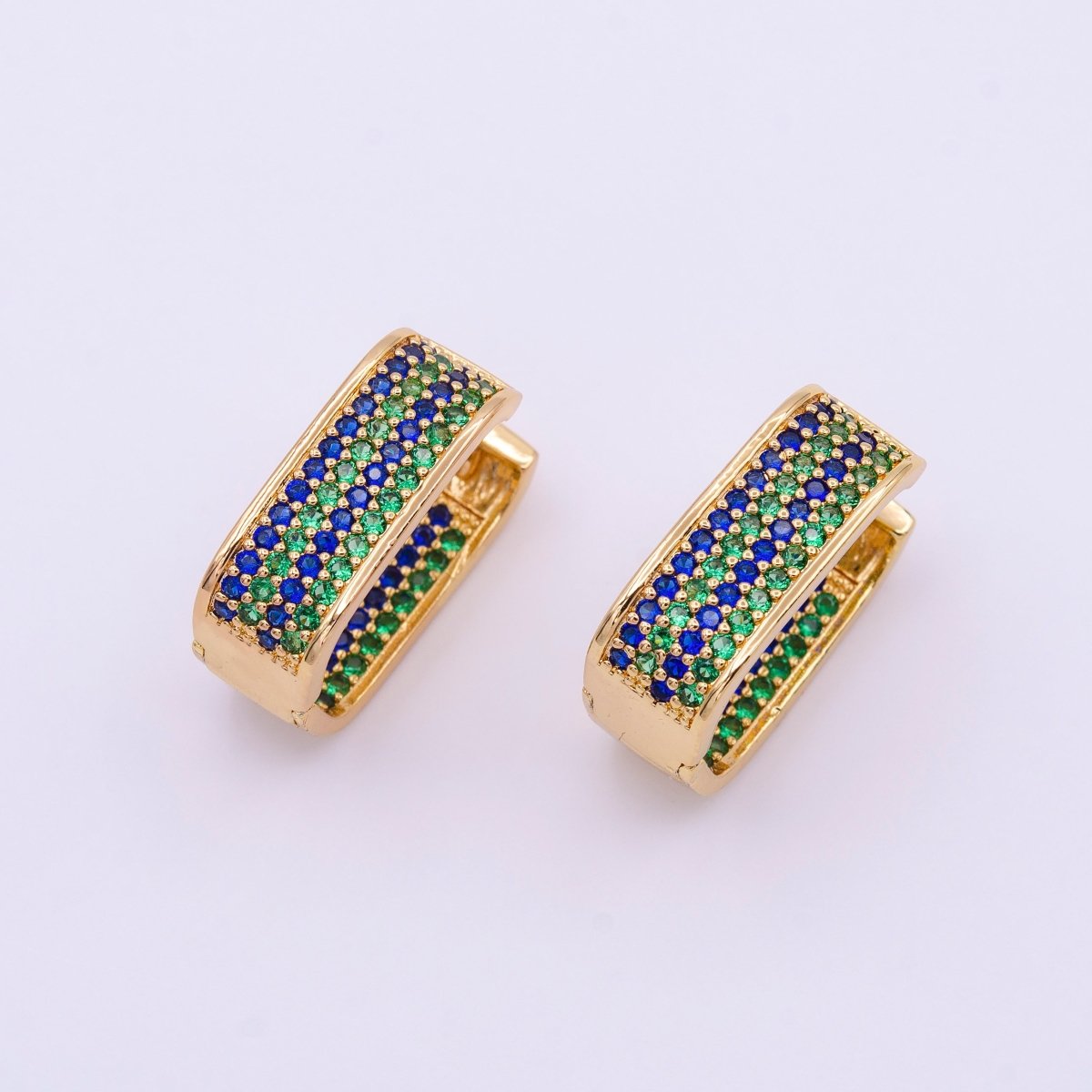 18K Gold plated Blue & Green Ocean Micro Paved CZ Front-Facing Oblong Hoop Earrings in Gold & Silver | AD851 AD852