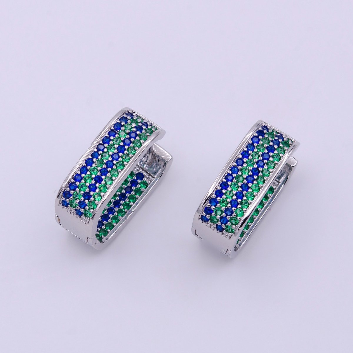 18K Gold plated Blue & Green Ocean Micro Paved CZ Front-Facing Oblong Hoop Earrings in Gold & Silver | AD851 AD852