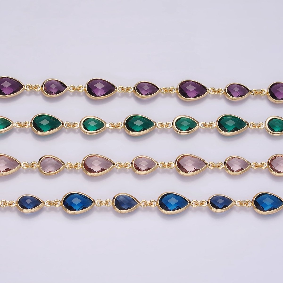 18K Gold plated Brown, Purple, Blue, Green CZ Multifaceted Teardrop Designed Unfinished Chain | ROLL-1430 to ROLL-1433 Clearance Pricing