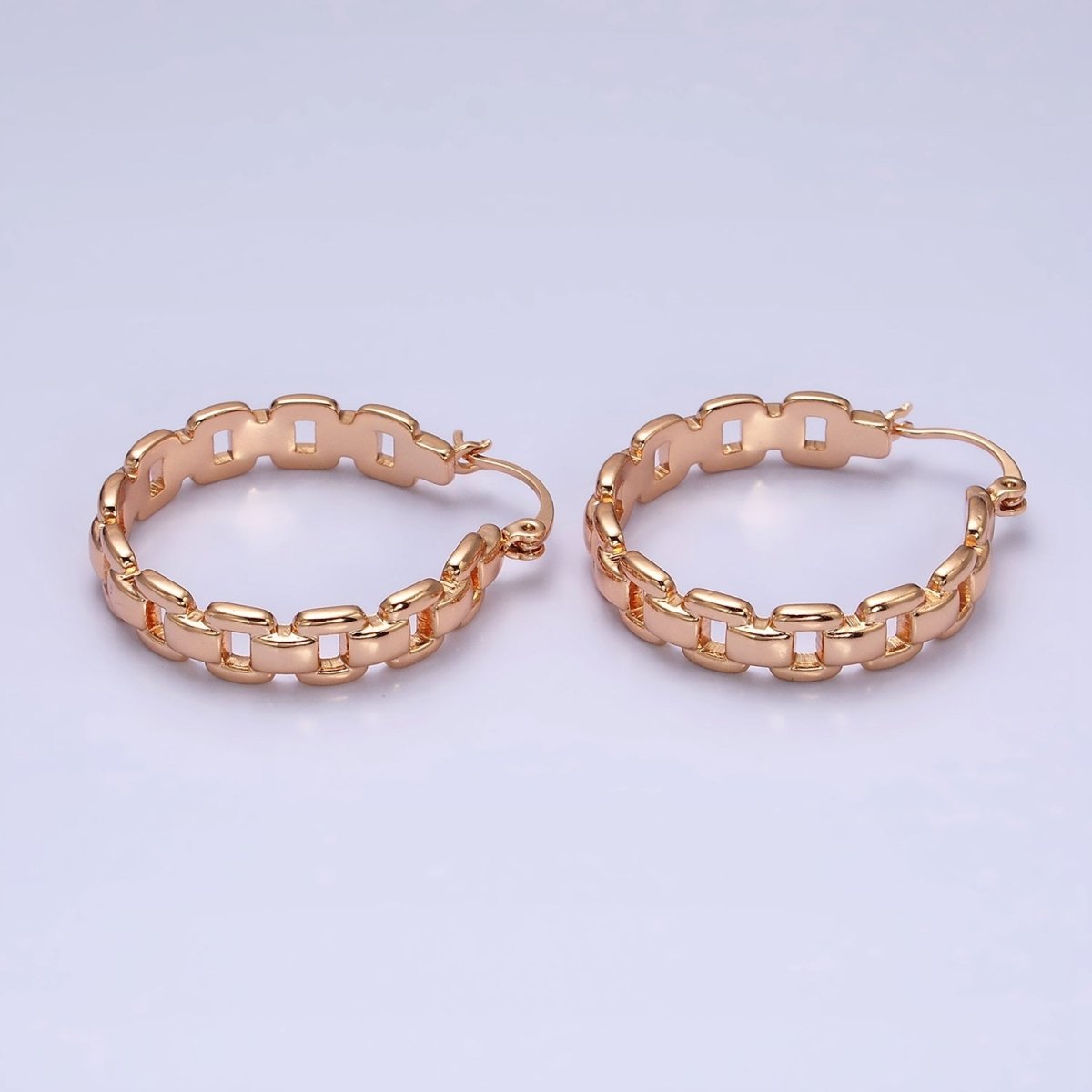 18K Gold plated Cable Chain Link 30mm French Lock Hoop Latch Earrings | AD1366 - DLUXCA