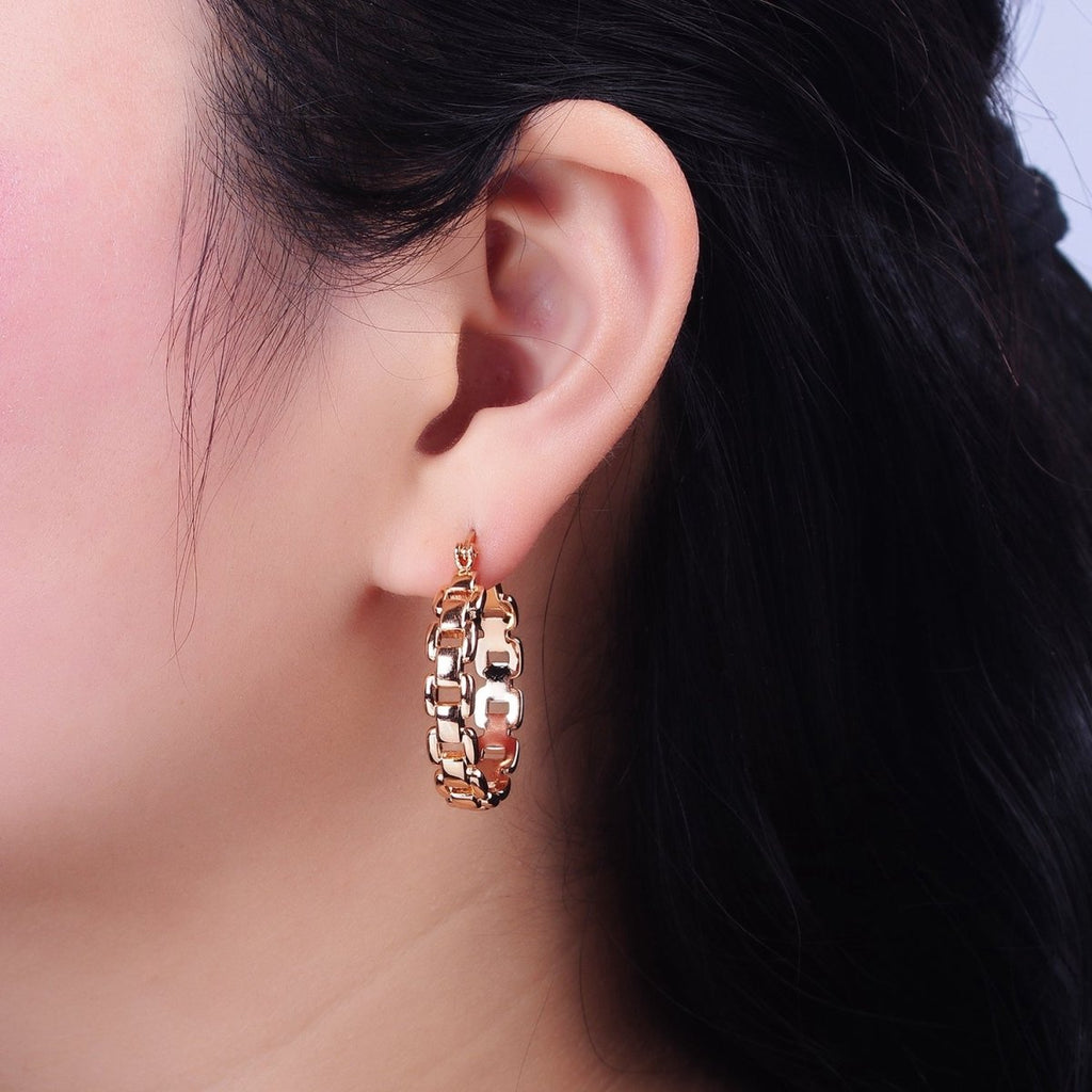 18K Gold plated Cable Chain Link 30mm French Lock Hoop Latch Earrings | AD1366 - DLUXCA