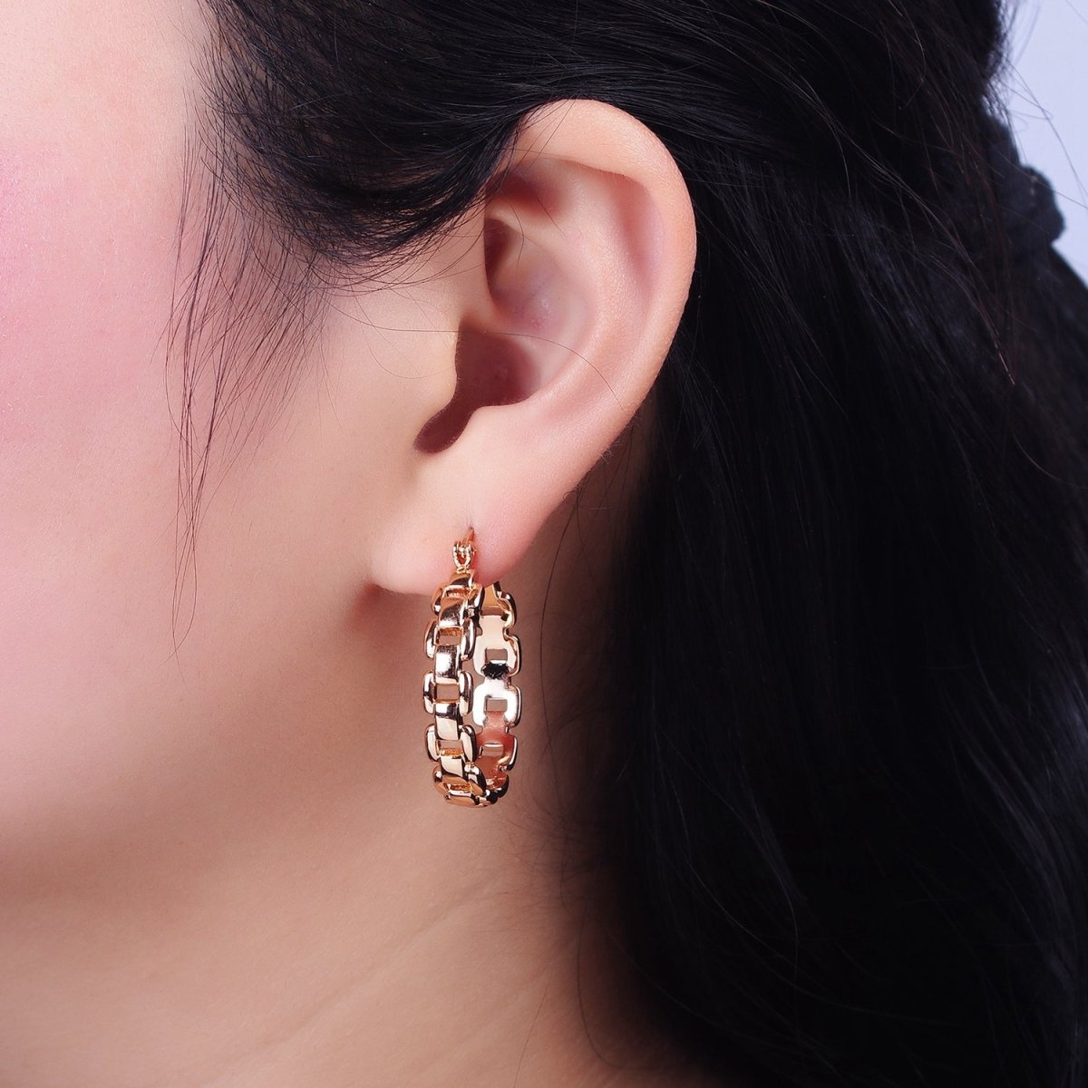 18K Gold plated Cable Chain Link 30mm French Lock Hoop Latch Earrings | AD1366 - DLUXCA