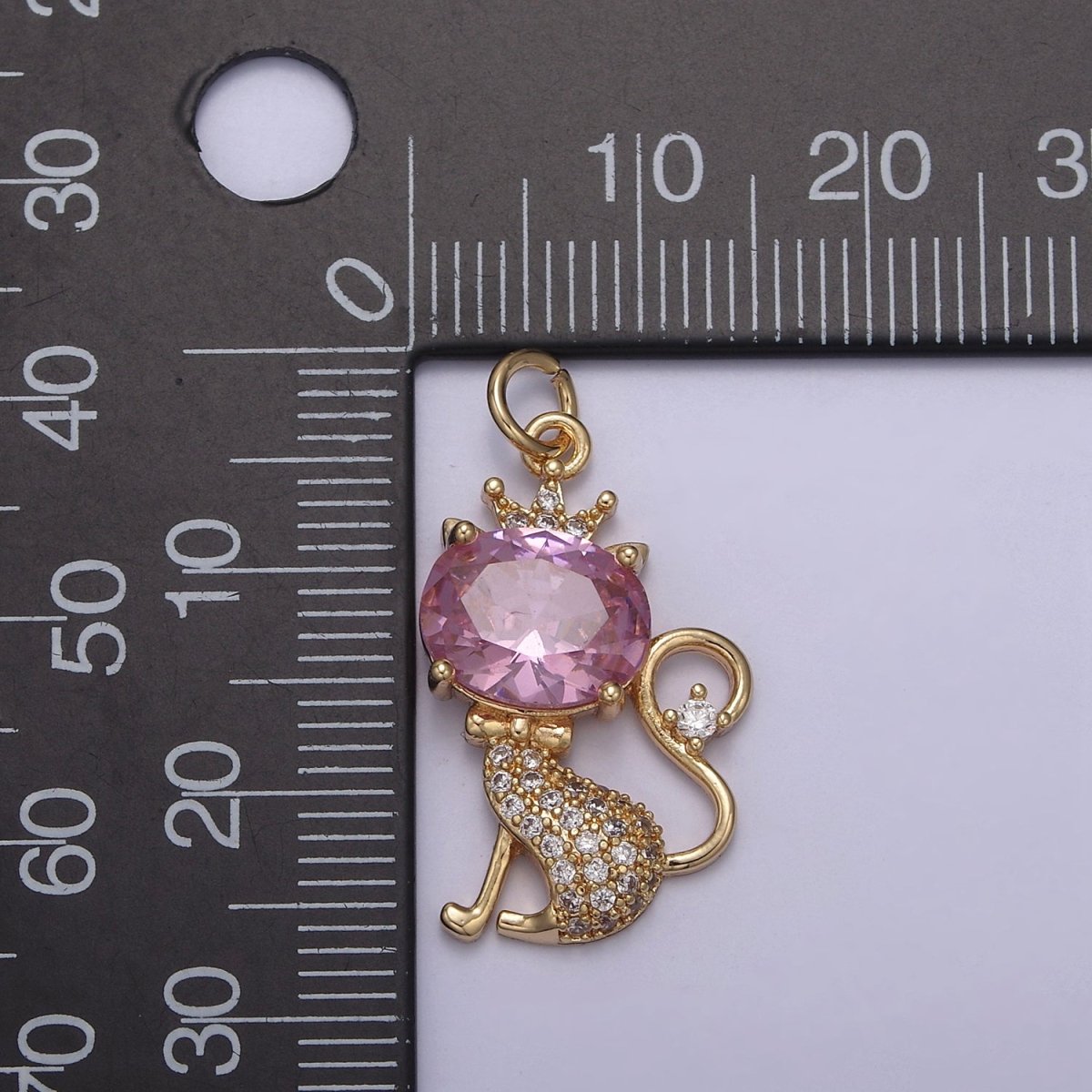 18K Gold plated Cat Charm, Kitten Charm, Pink CZ Micro Pave Crystal Charm, Gold Cat Charm, Simple Cat Charm N-835 - DLUXCA