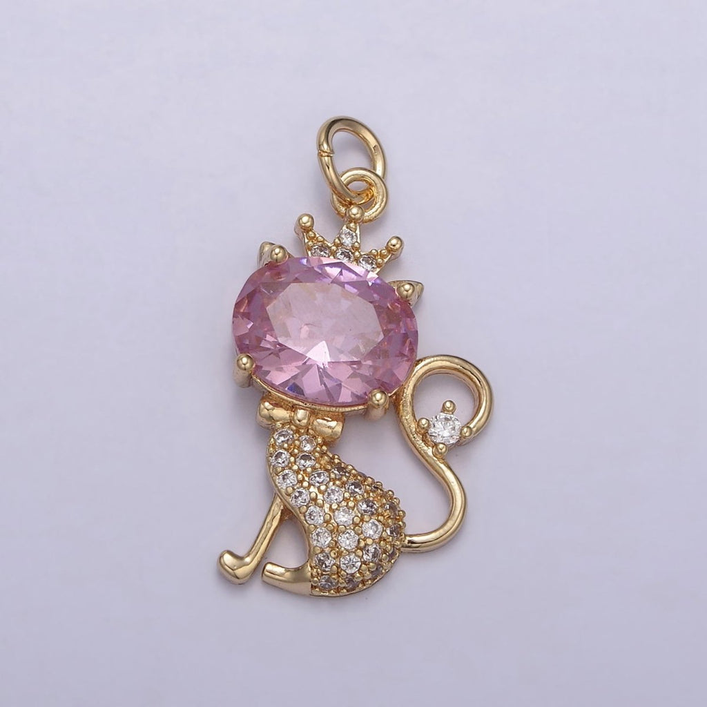 18K Gold plated Cat Charm, Kitten Charm, Pink CZ Micro Pave Crystal Charm, Gold Cat Charm, Simple Cat Charm N-835 - DLUXCA