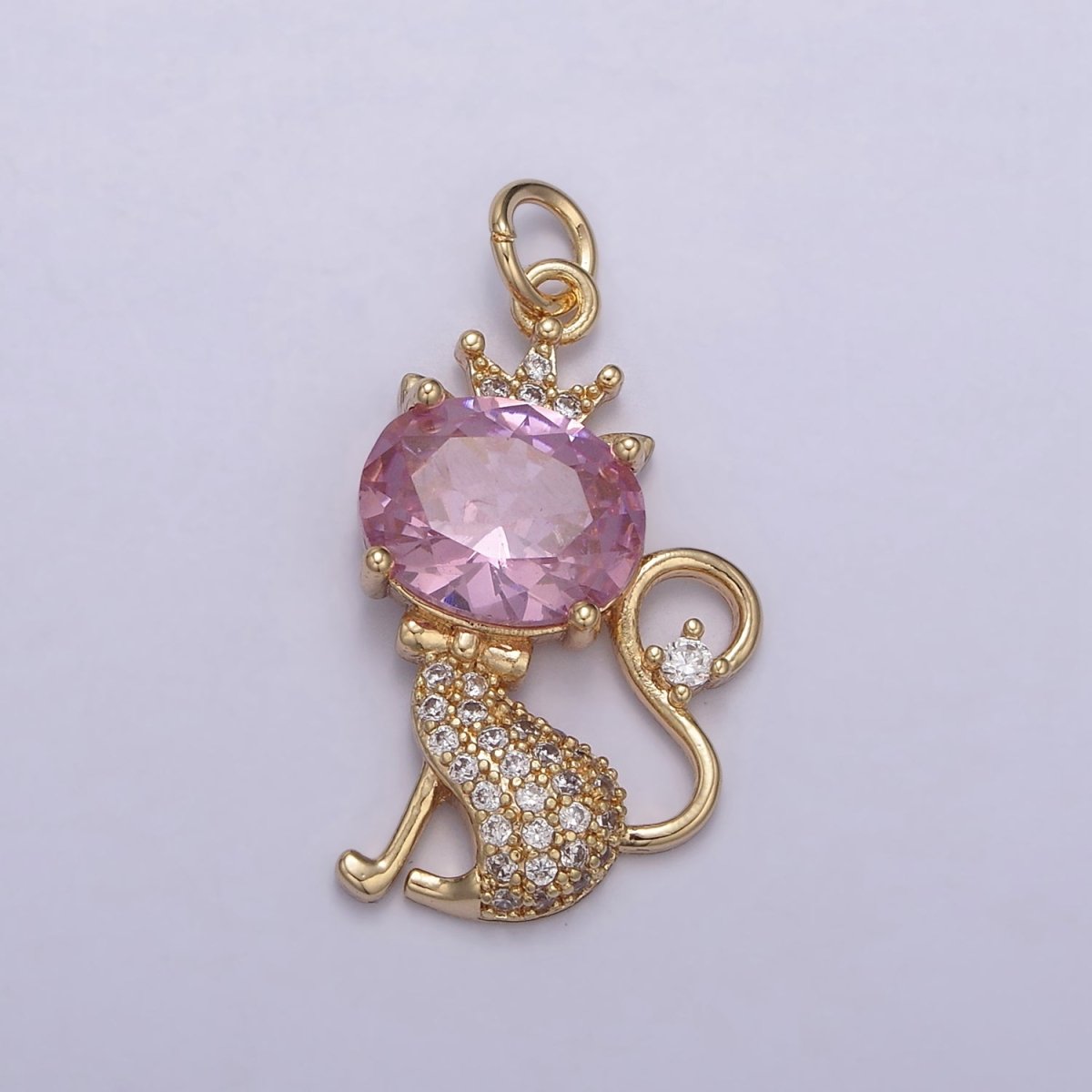 18K Gold plated Cat Charm, Kitten Charm, Pink CZ Micro Pave Crystal Charm, Gold Cat Charm, Simple Cat Charm N-835 - DLUXCA