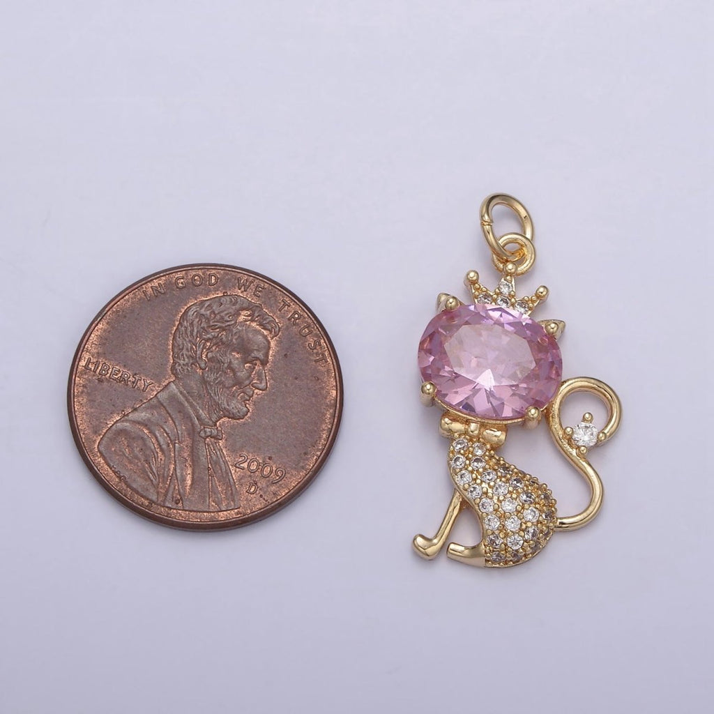 18K Gold plated Cat Charm, Kitten Charm, Pink CZ Micro Pave Crystal Charm, Gold Cat Charm, Simple Cat Charm N-835 - DLUXCA