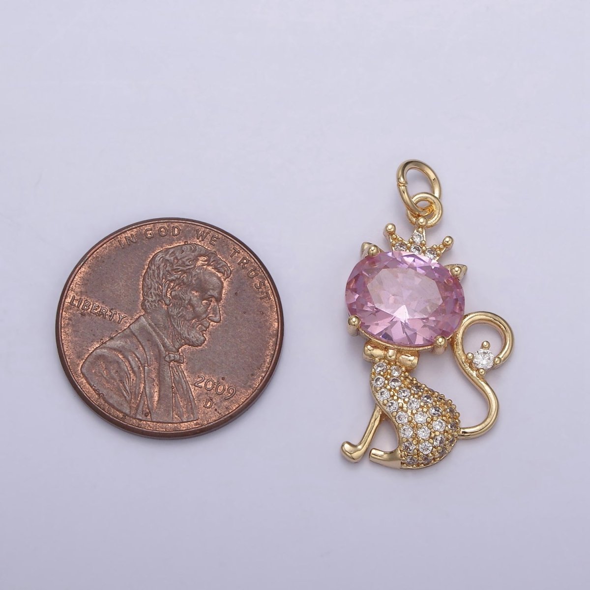 18K Gold plated Cat Charm, Kitten Charm, Pink CZ Micro Pave Crystal Charm, Gold Cat Charm, Simple Cat Charm N-835 - DLUXCA