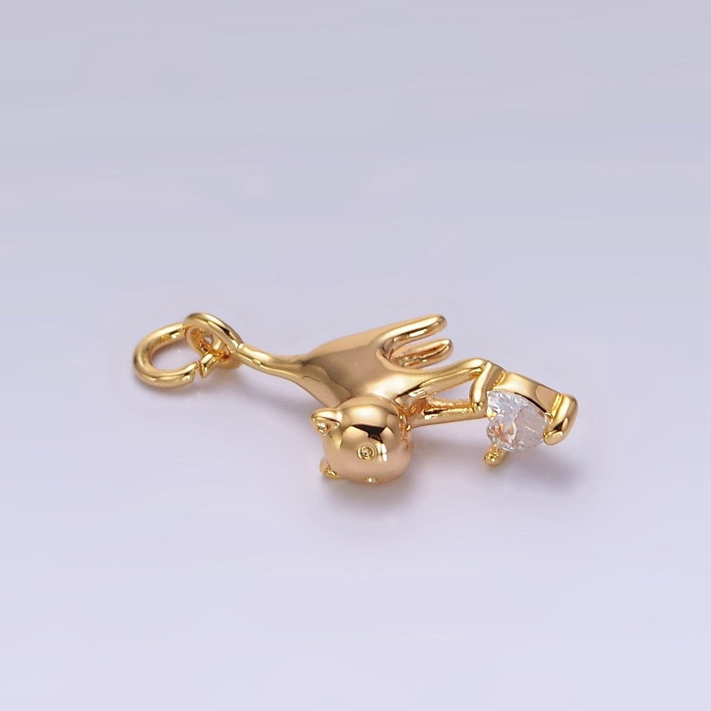 18K Gold plated Cat Pet Animal Clear Heart CZ Charm | N1757 - DLUXCA