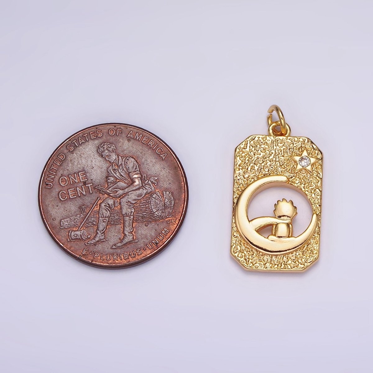 18K Gold plated Celestial Crescent Star Moon Little Boy Prince Open Hammered Tag Charm | N-1755 - DLUXCA