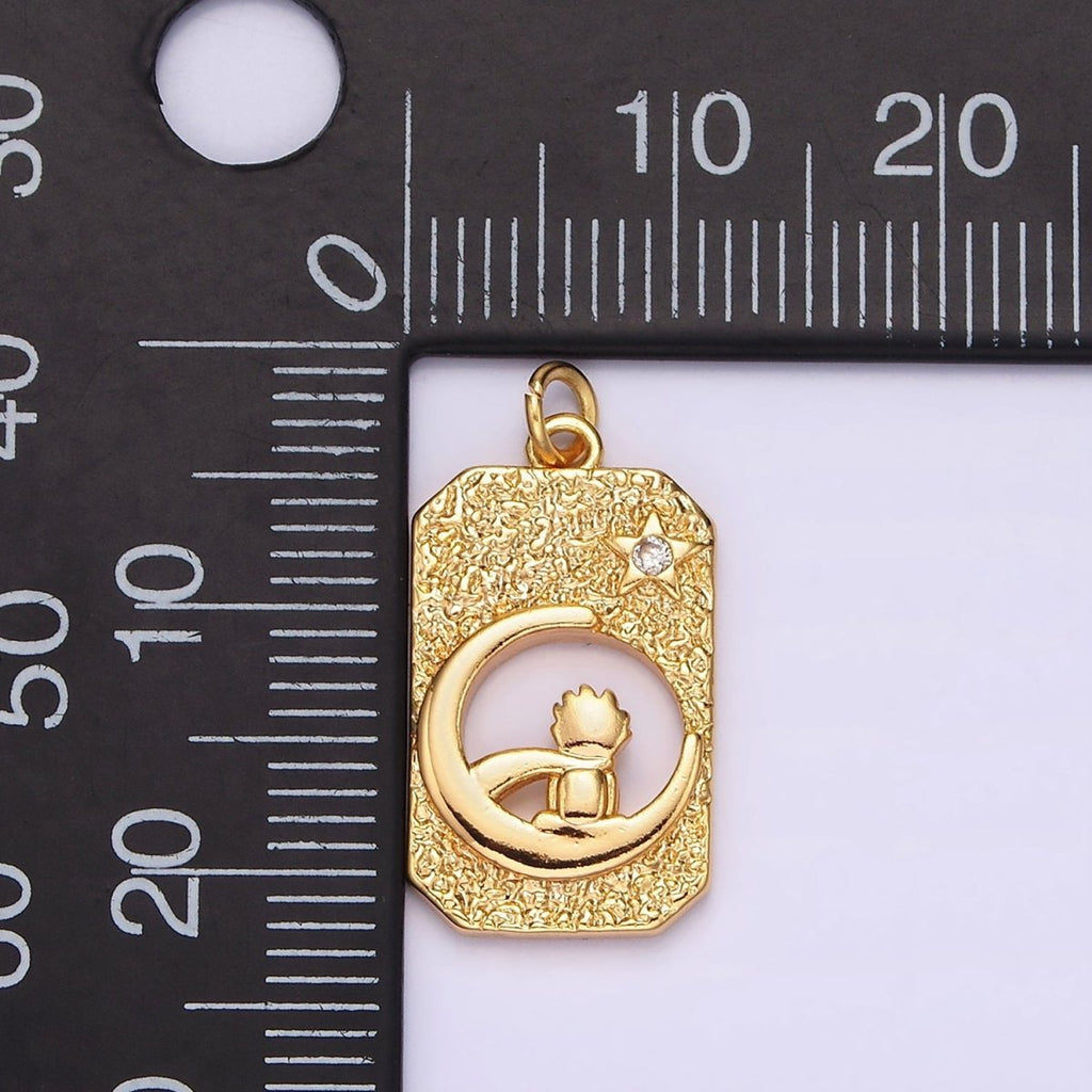 18K Gold plated Celestial Crescent Star Moon Little Boy Prince Open Hammered Tag Charm | N-1755 - DLUXCA