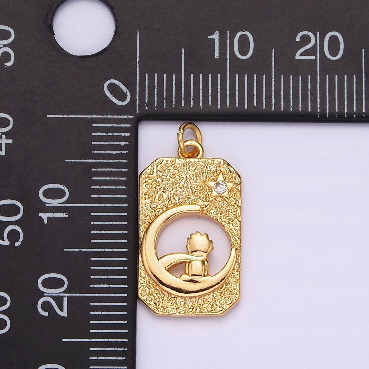 18K Gold plated Celestial Crescent Star Moon Little Boy Prince Open Hammered Tag Charm | N-1755 - DLUXCA