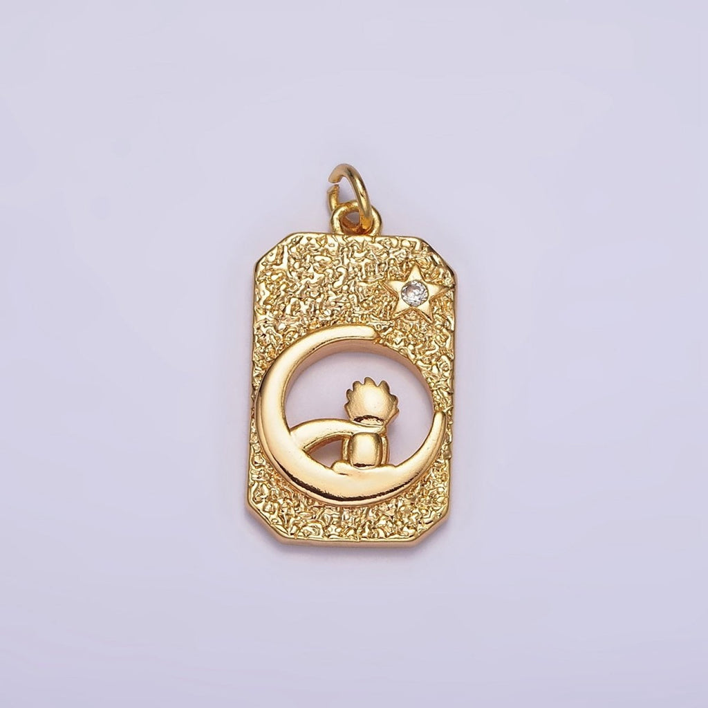 18K Gold plated Celestial Crescent Star Moon Little Boy Prince Open Hammered Tag Charm | N-1755 - DLUXCA
