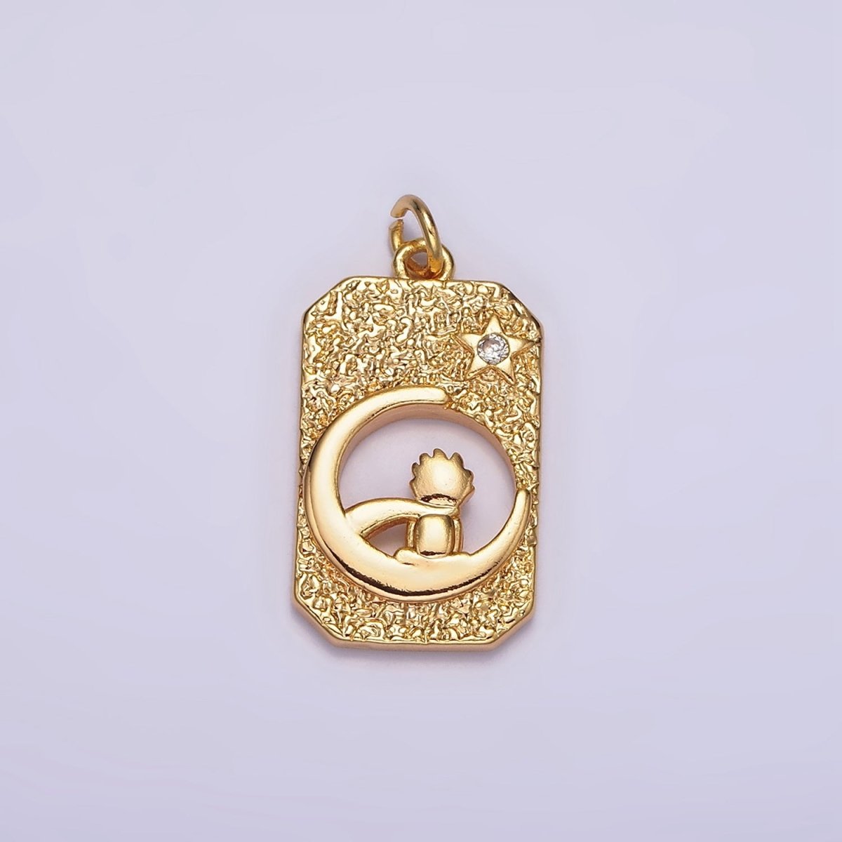 18K Gold plated Celestial Crescent Star Moon Little Boy Prince Open Hammered Tag Charm | N-1755 - DLUXCA