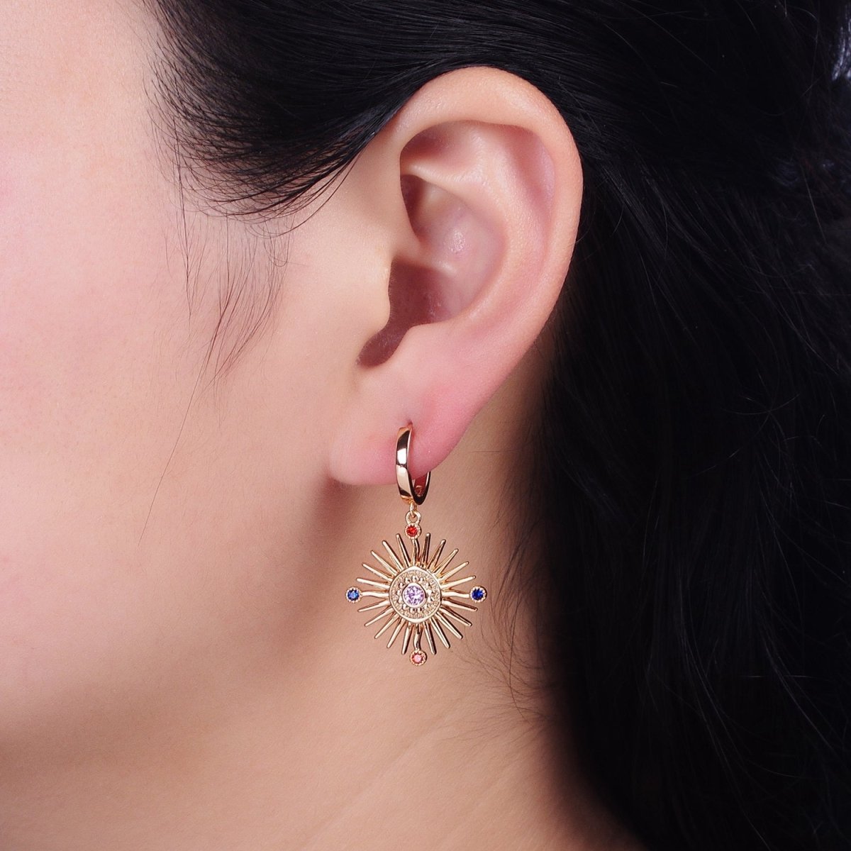 18K Gold plated Celestial Sun Beam Multicolor Round CZ Drop Huggie Earrings | AD1398 - DLUXCA