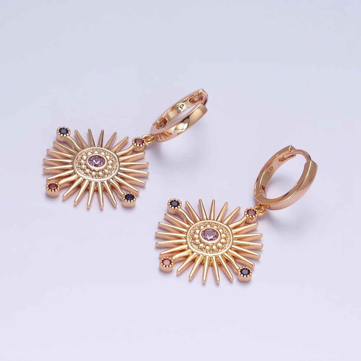 18K Gold plated Celestial Sun Beam Multicolor Round CZ Drop Huggie Earrings | AD1398 - DLUXCA