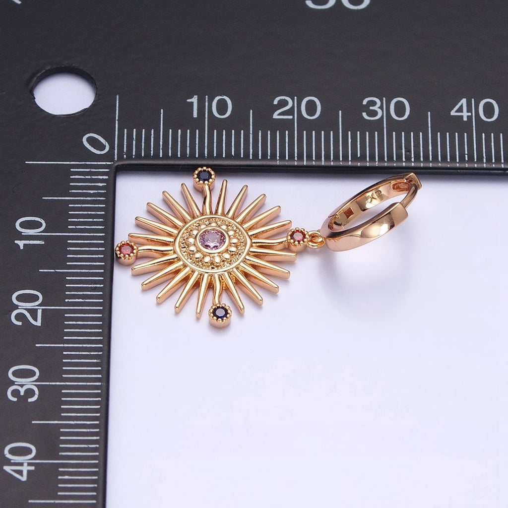 18K Gold plated Celestial Sun Beam Multicolor Round CZ Drop Huggie Earrings | AD1398 - DLUXCA