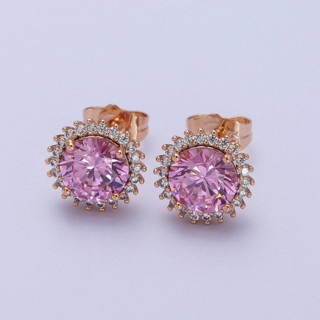 18K Gold plated Celestial Sun Pink CZ 11.4mm Round Stud Earrings | V-008 - DLUXCA