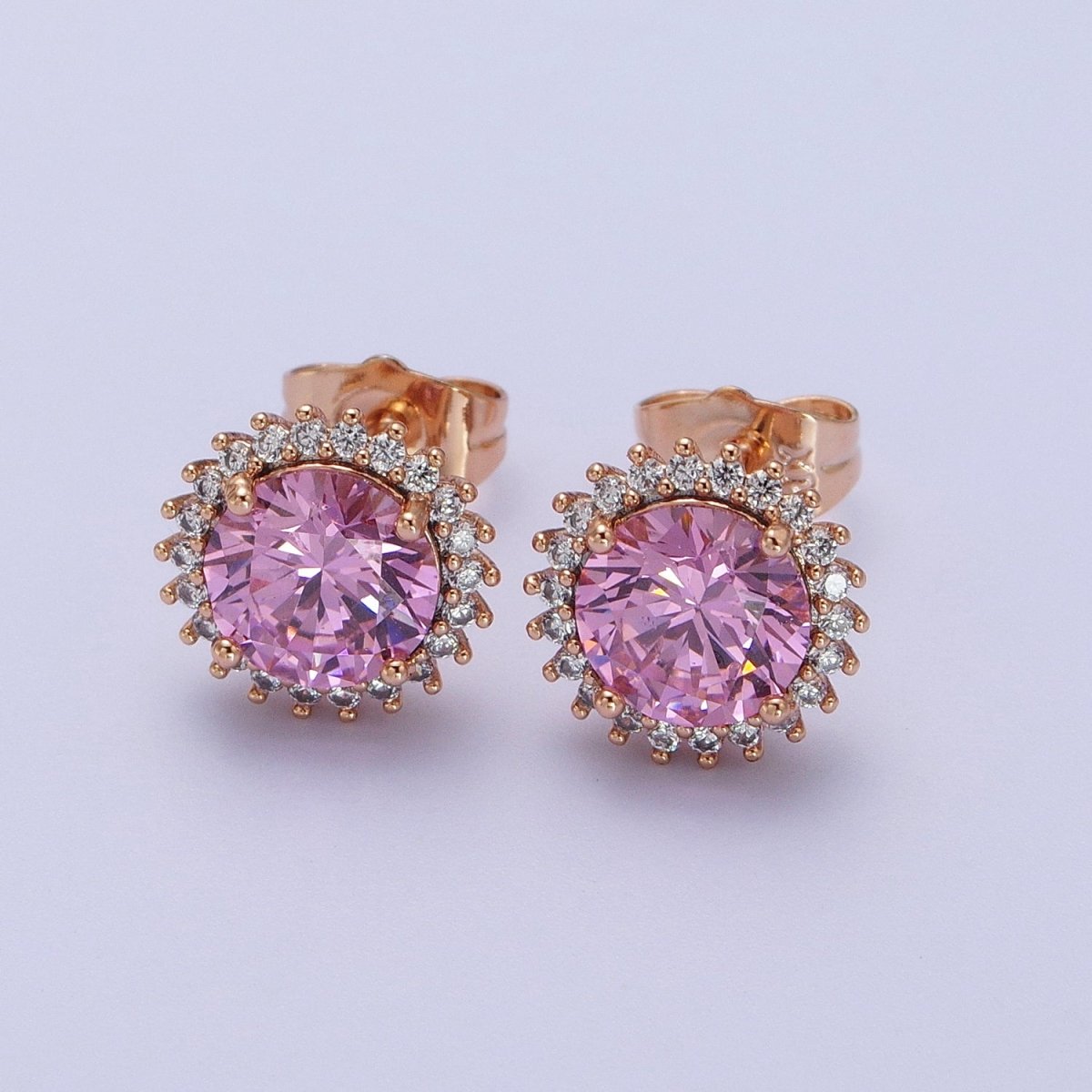 18K Gold plated Celestial Sun Pink CZ 11.4mm Round Stud Earrings | V-008 - DLUXCA