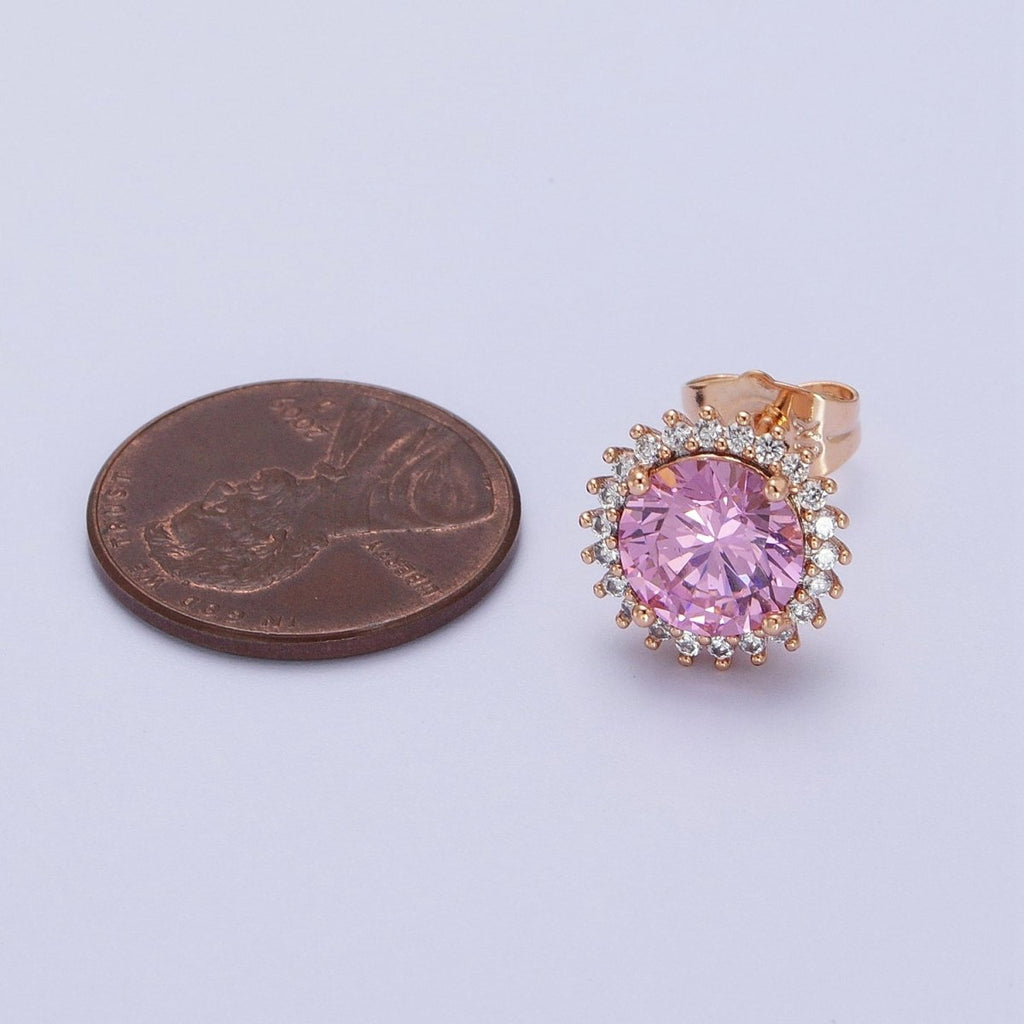 18K Gold plated Celestial Sun Pink CZ 11.4mm Round Stud Earrings | V-008 - DLUXCA