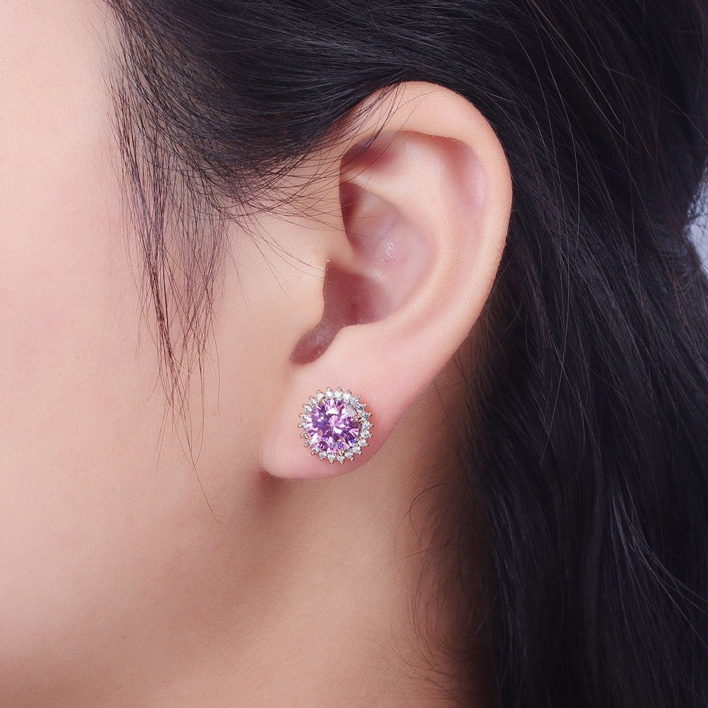 18K Gold plated Celestial Sun Pink CZ 11.4mm Round Stud Earrings | V-008 - DLUXCA