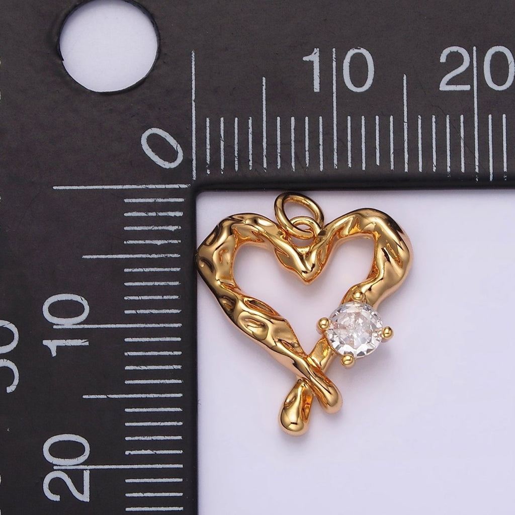 18K Gold plated Clear CZ Dented Molten Open Heart Charm | N1761 - DLUXCA