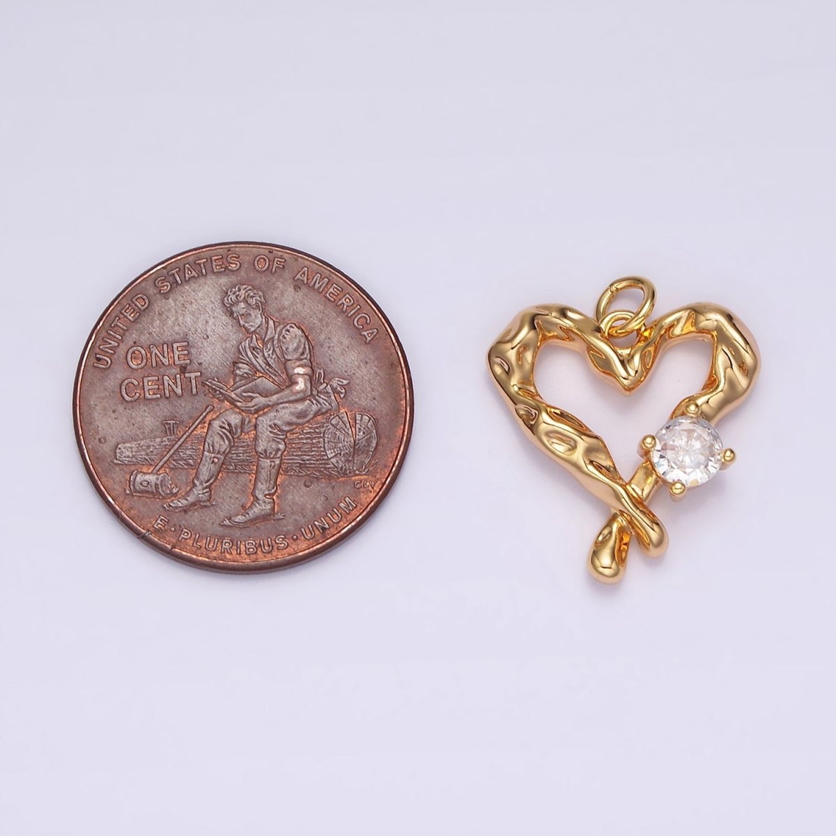 18K Gold plated Clear CZ Dented Molten Open Heart Charm | N1761 - DLUXCA