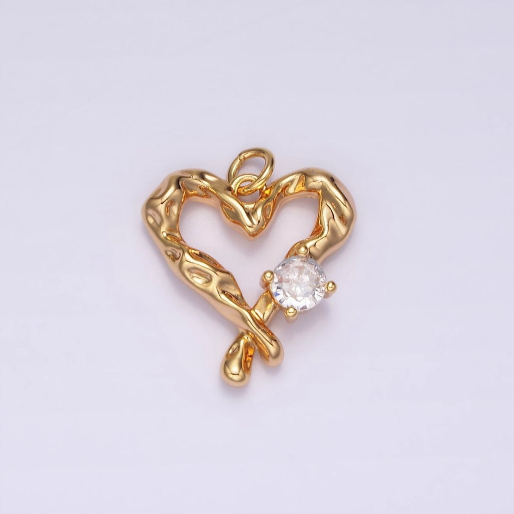 18K Gold plated Clear CZ Dented Molten Open Heart Charm | N1761 - DLUXCA